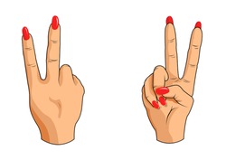 V sign, symbol of peace, peace sign. Woman's hand shows V sign, peace gesture. V sign from the back and front side.