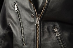 Close Up Of Biker Leather Jacket And Zipper
