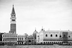 Doge's Palace and St Mark's Campanile in Venice, black and white,  Italy, Europe