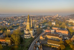 Amazing aerial view drone Cork City center Ireland Irish landmark downtown building St Fin Barre’s Cathedral sunrise morning