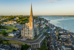 St Colman's Cathedral Cobh Cork Ireland, aerial scenery view with an Irish landmark traditional town 