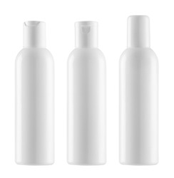 Blank templates of empty and clean white plastic container - three cylindrical round bottles with screw cap, flip top and disc top cap - photographic mock-up clipping paths -cosmetic blank package