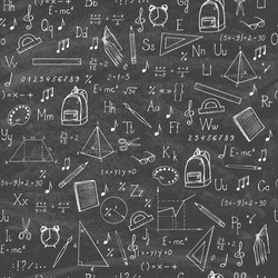 Freehand drawing school items on the blackboard. Seamless pattern. Vector illustration.