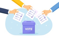 Vote ballot box. Group of people putting paper vote into the box. Election concept. Democracy, Freedom of speech, justice voting and opinion. Referendum and poll choice event. Vector illustration