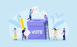 Vote ballot box. Group of people putting pepper vote into the box. Election concept. Democracy, Freedom of speech, justice voting and opinion. Referendum and poll choice event. Vector illustration