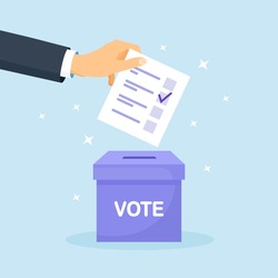 Vote ballot box. Man putting paper vote into the box. Election concept. Democracy, Freedom of speech, justice voting and opinion. Referendum and poll choice event. Vector illustration