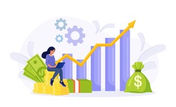 Investment and Analysis Money Profits. Investor sitting on stack of coins. Employee Making Investing Plans, Calculating Benefits on Laptop. Profitable investment, funding Financial consulting, savings