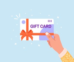 Human hand hold gift card, voucher or coupon. Shopping discount certificate for customers. Vector illustration