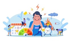 Business woman clutched her head in panic. People feeling stress at work. Exhausted, frustrated, stressing worker, burnout.  Employee working overtime at Deadline. Alarm in fire, burning clock