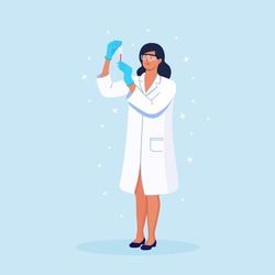 Scientist holding a test tube. Chemists discovering antiviral remedies in chemical and medical laboratories. Doctors studying samples. Chemical laboratory research. Vector illustration