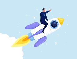 Businessman flying forward on a rocket on blue sky background. Success in business and career. Boost your business, startup growth and progress in economic crisis. New business project launching
