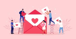 Tiny people send message with red heart. People stand near big envelope and put love letters in it. Happy Valentines day. Romantic email. Vector design