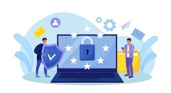 General privacy regulation for protection of personal data. GDPR and privacy politics. Personal information control and security. People protecting business data and legal information. Vector design