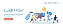 Black Friday Sale Event. People Buy on Big Discount Sales. Customers Running with Shopping Bags. Trolley, Cart with Gift Boxes, Packages, Tag on Background. E-commerce and Online Shopping