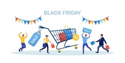 Black Friday Sale Event. People Buy on Big Discount Sales. Customers Running with Shopping Bags. Trolley, Cart with Gift Boxes, Packages, Tag on Background. E-commerce and Online Shopping