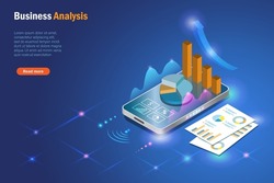 Business analysis with data report. Smartphone app analysing growth graph sales report in 3D. Innovation technology for successful business, digital marketing and strategy planning in futuristic. 