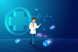 Doctor hold stethoscope diagnose and analyse patient health in 3D virtual reality environment interface. Medical and health insurance business.