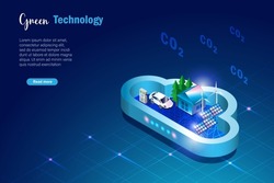 Green technology. alternative consumption energy house and EV car in cloud sandbox technology  to reduce carbon emissions. For sustainable positive ecology and environment. 
