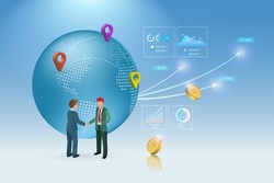 Global business partnership collaboration and financial investment. Businessman handshake with analyzing growth graph and business network connecting.