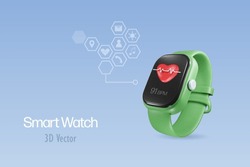 3D smart watch, wrist watch with medical heart beat for fitness tracker and multimedia apps networking, wearable technology. Vector.