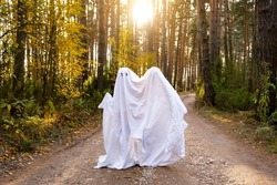 A child in sheets with cutout for eyes like a ghost costume in an autumn forest scares and terrifies. A kind little funny ghost. Halloween Party
