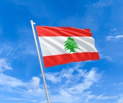 Flag on Lebanon flag pole and blue sky, Flag of Lebanon fluttering in blue sky big national symbol. Waving white red  and green symbol Lebanon flag, Independence Constitution Day.