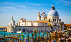Cityscape view on Santa Maria della Salute basilica in Venice, Italy