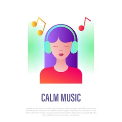 Girl in headphones and music notes around flat gradient icon. Calm music, music meditation, relaxation. Vector illustration.