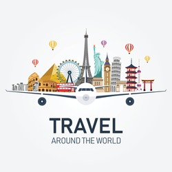 airplane and time to travel banner. travel around the world. buildings and landmarks on plane. vector illustration in flat style modern design. isolated on white background.