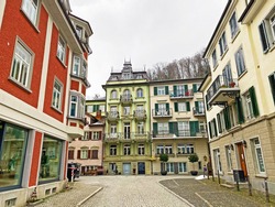 Traditional Swiss houses and old residential architecture in Weesen settlement on the shores of Lake Walen or Lake Walenstadt (Walensee) - Canton of St. Gallen, Switzerland (Kanton St. Gallen, Schweiz