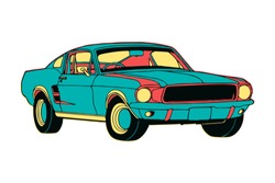 Hand Drawn colourful isolated muscle car in cartoon style with creative design colours. Vector illustration EPS10 