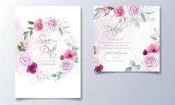 Romantic wedding invitation card template set with rose  cosmos flowers  and leaves