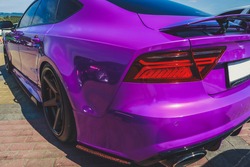 Stence culture. Sports purple car. Tuning. Rubber on stylish wheels. Underestimated.
