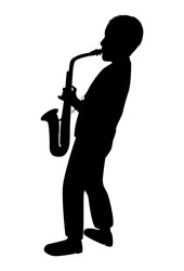 Saxophonist silhouette on a white background. A young man plays an instrument. Teen boy learns music playing the saxophone. Isolated vector drawing. Jazz player pattern