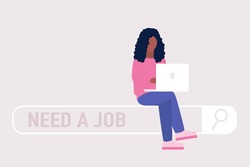 Young woman looking for a for job. Need a job on the search bar. Colorful flat vector illustration