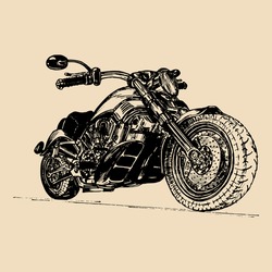 Vector illustration of hand drawn vintage retro motorcycle. Detailed sketched classic chopper in ink style for biker club sign, garage label, custom store emblem.