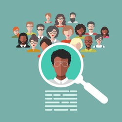 Vector concept of human resources management, professional staff research, head hunter job with magnifying glass. HR illustration in flat style. Male and female faces app icons