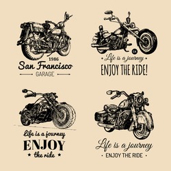 Vector motorcycles inspirational, advertising posters set. Hand sketched illustrations for MC badges or labels. Detailed bikes logos for custom company, chopper store, garage label, t-shirt print.