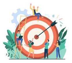 Positive tiny people sitting and walking near huge target with arrow isolated flat vector illustration. Cartoon business team achieving goal or aim. Marketing strategy and achievement concept