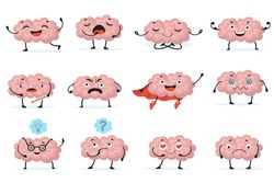Cute brainy character expression flat icon set. Cartoon brain with emotions on white background isolated vector illustration collection. Brainpower, mind and intelligence concept