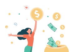 Happy woman getting cash. Person saving money, getting profit or high income flat vector illustration. Earning, finance, success concept for banner, website design or landing web page