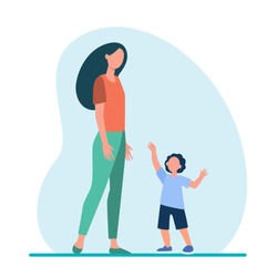 Little son reaching arms to his mom. Woman and kid walking together flat vector illustration. Motherhood, parenthood, childcare concept for banner, website design or landing web page