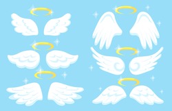 Creative angel wings with gold nimbus flat pictures set for web design. Cartoon collection of cute white wings isolated vector illustrations. Heaven and decorative elements concept