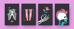 Set of contemporary posters with floral human skeleton parts. Ribcage, hand holding flower, skull vector illustrations, black background. Anatomy concept for designs, social media, postcards