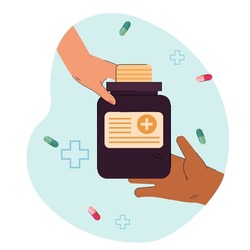 Hand of doctor giving big jar with pills to patient. Treatment for illness or disease flat vector illustration. Medicine, health, pharmacy concept for banner, website design or landing web page