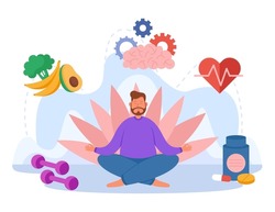 Person practicing yoga, mental and body wellness. Healing male character from stress with zen exercises, medication and diet flat vector illustration. Healthy lifestyle, alternative treatment concept