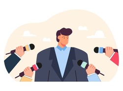 Exclusive public interview of man talking to microphone. Hands of reporters holding mics, recording opinion or comments flat vector illustration. television, mass media interview, journalism concept