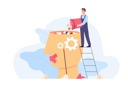 Tiny worker putting garbage in big human head. Internet propaganda or fake news, man littering mind of person flat vector illustration. Brainwashing, information, social media concept for banner