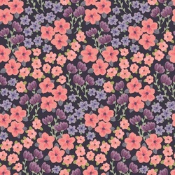 Seamless pattern with spring meadow on a dark background. A romantic floral print with an antique design. An arrangement of small flower heads and leaves in a simple art style. Vector.