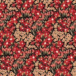 Seamless floral pattern with elegant meadow flowers, small hand drawn plants. Artistic ditsy print, beautiful botanical background with red wild flowers, leaves, grass on a dark field. Vector.